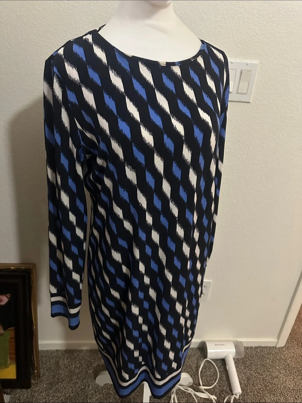 Michael Kors Blue, Black and White Long-Sleeve Printed Shift Dress